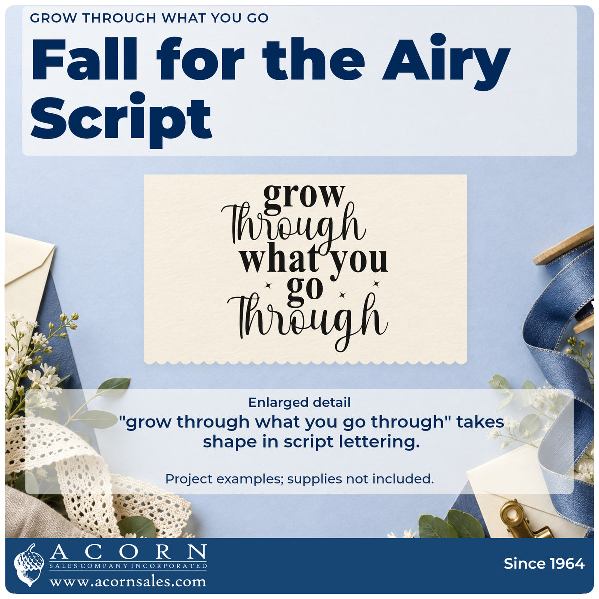 Enlarged detail of the Grow Through What You Go Premium Wooden Stamp – Vintage Pro imprint. The phrase "grow through what you go through" alternates serif capitals and fine script with small stars.
