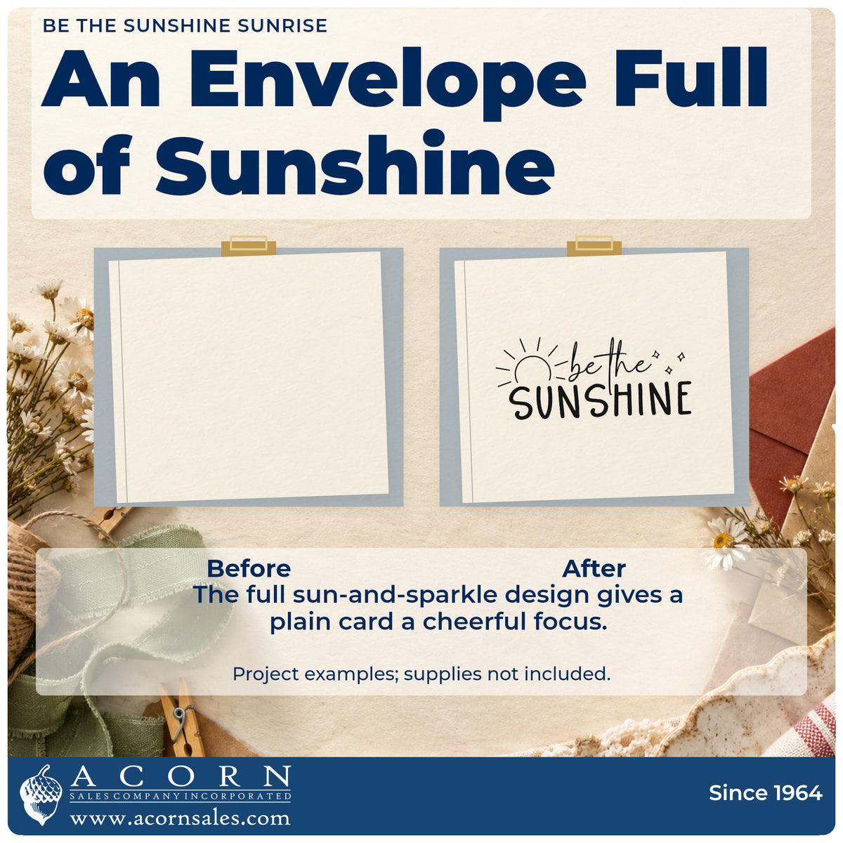 Before and after of a plain item finished with the Be The Sunshine Sunrise Slim Pre-Inked Stamp, a quick upgrade for framed porch post.