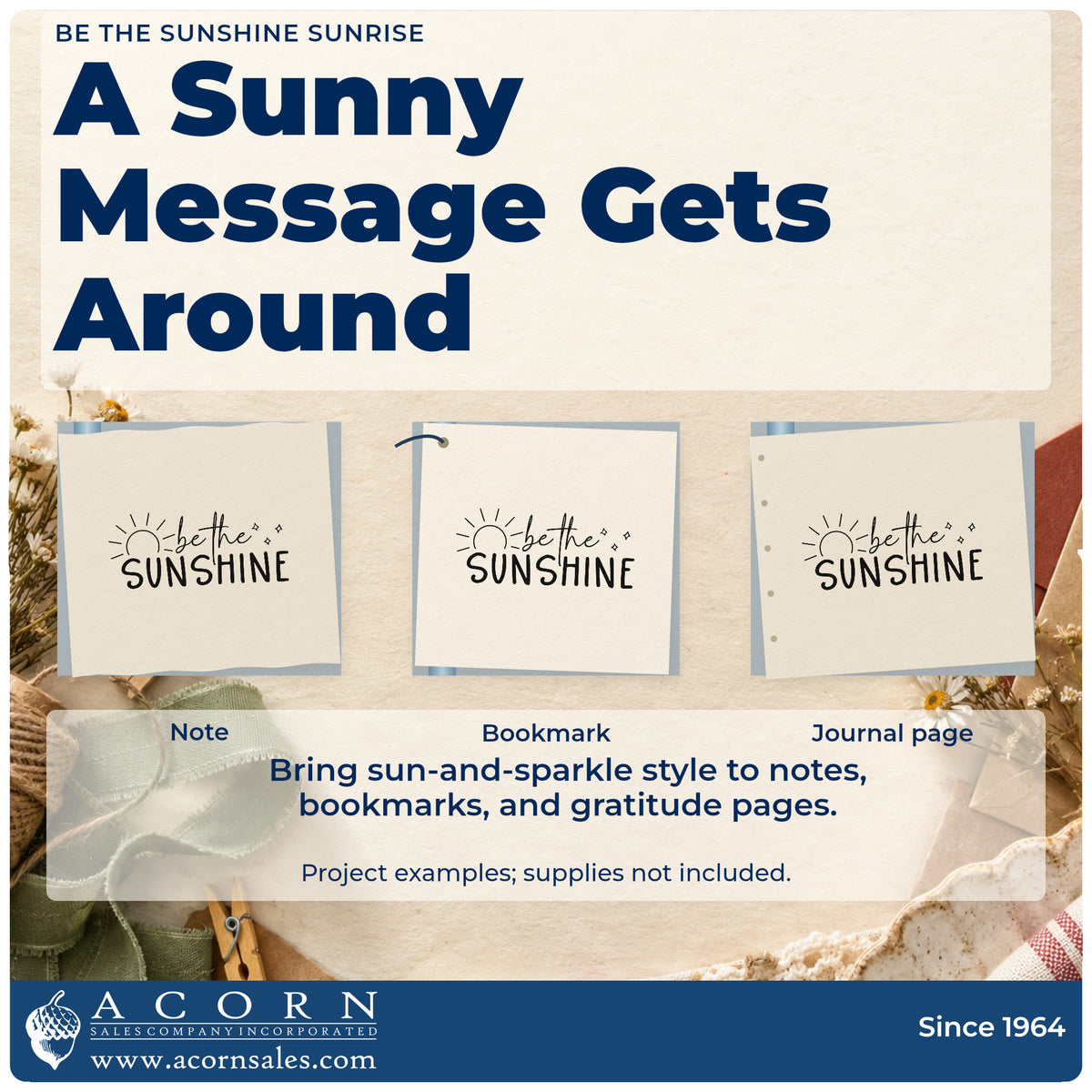Three project examples made with the Be The Sunshine Sunrise Wood Handle Stamp, including sales tally sheet.