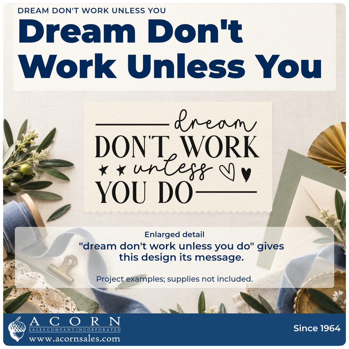 Enlarged detail of the Dream Don't Work Unless You Craft Stamp – Self-Inking imprint. The phrase "dream don't work unless you do" appears with stars, hearts, and thin horizontal rules.