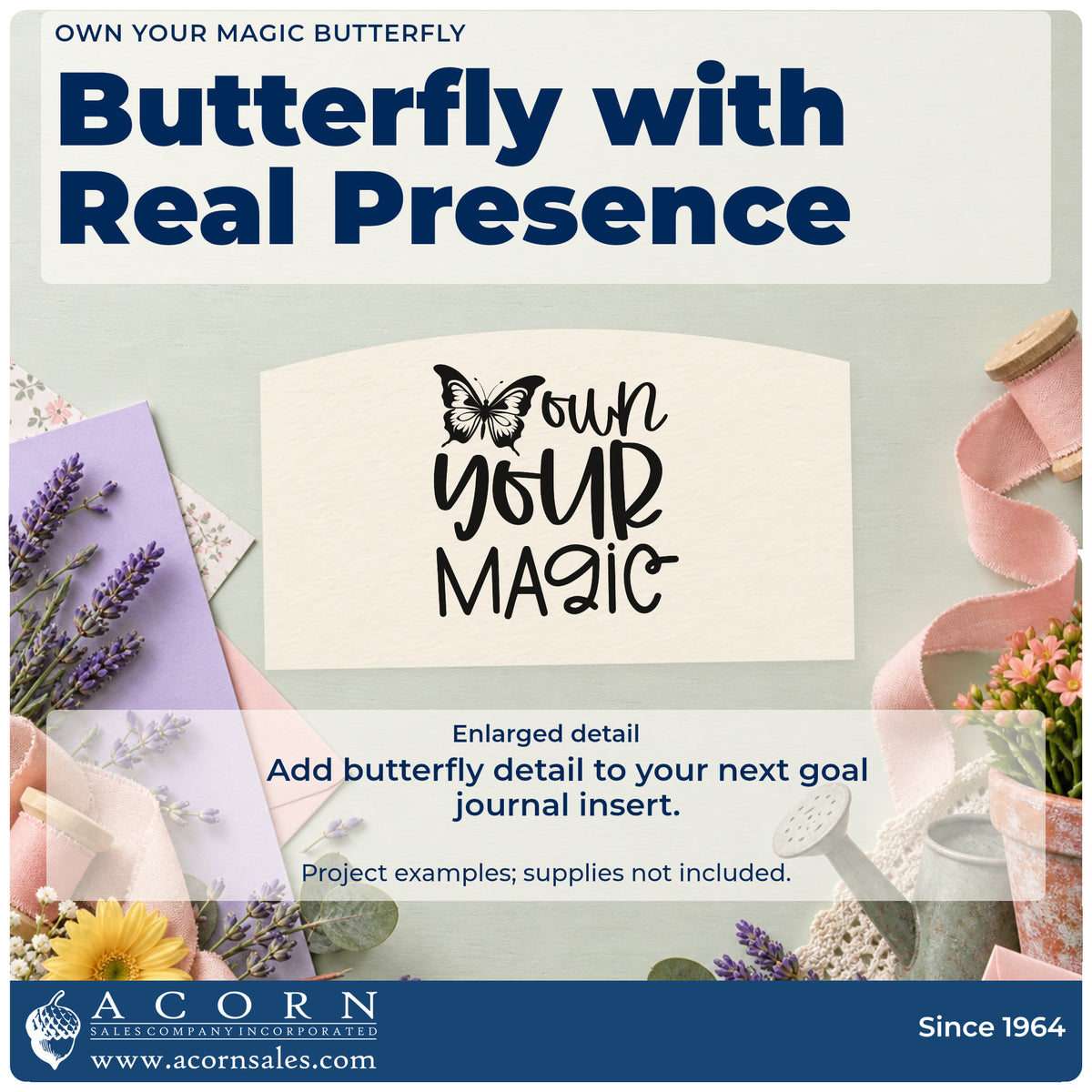 Enlarged detail of the Own Your Magic Butterfly Lettering Stamp – Self-Inking imprint. A detailed butterfly appears beside the words "own your magic" in bold mixed lettering.
