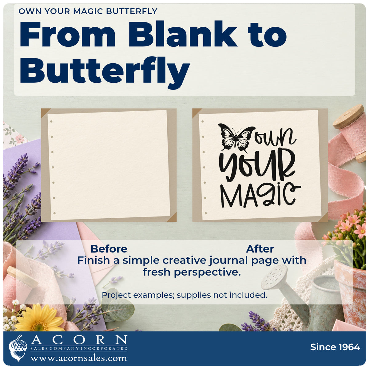 Before and after of a plain item finished with the Own Your Magic Butterfly Lettering Stamp – Self-Inking, a quick upgrade for framed booth board.