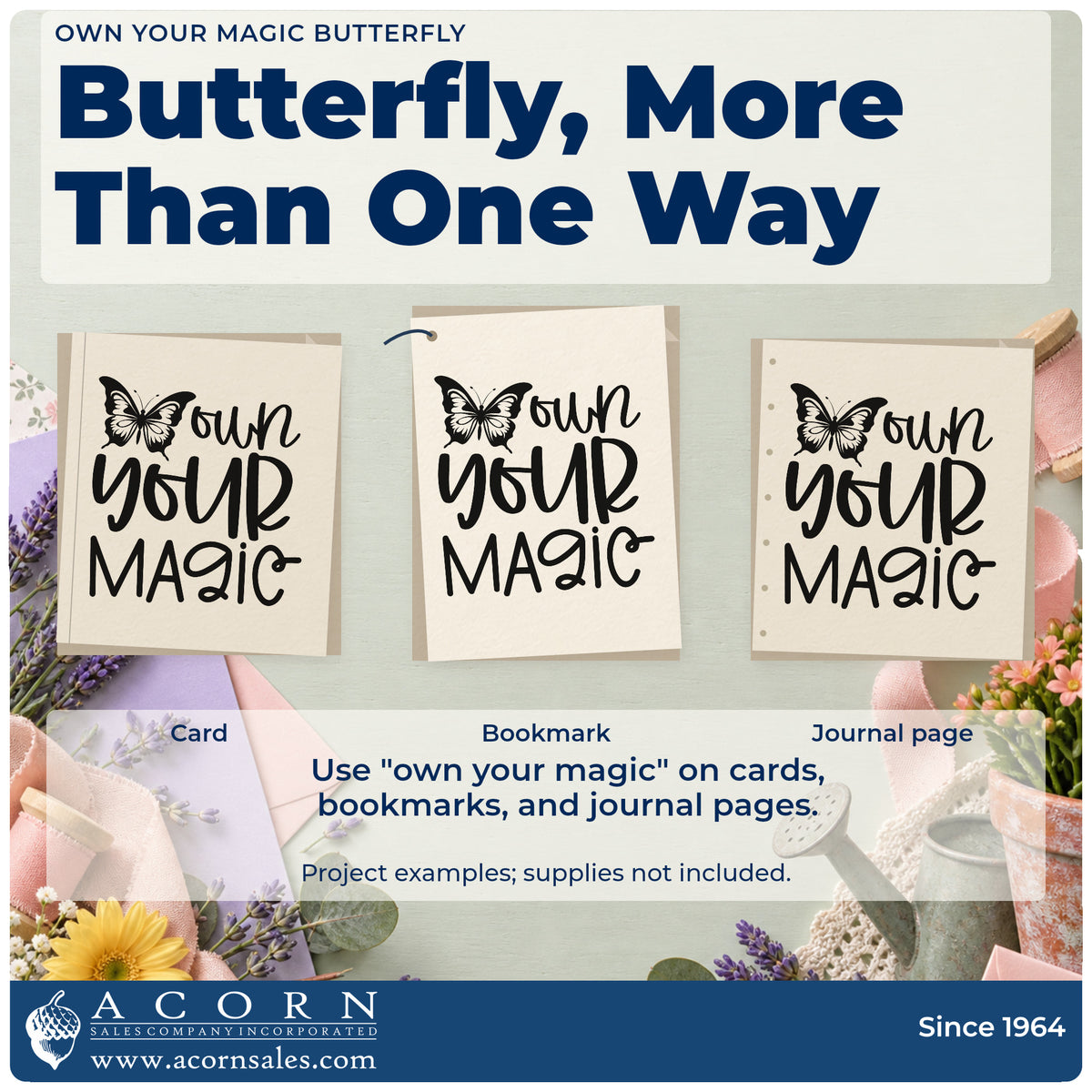 Three project examples made with the PSI Pre-Inked Own Your Magic Butterfly Lettering Stamp, including booking day sheet.
