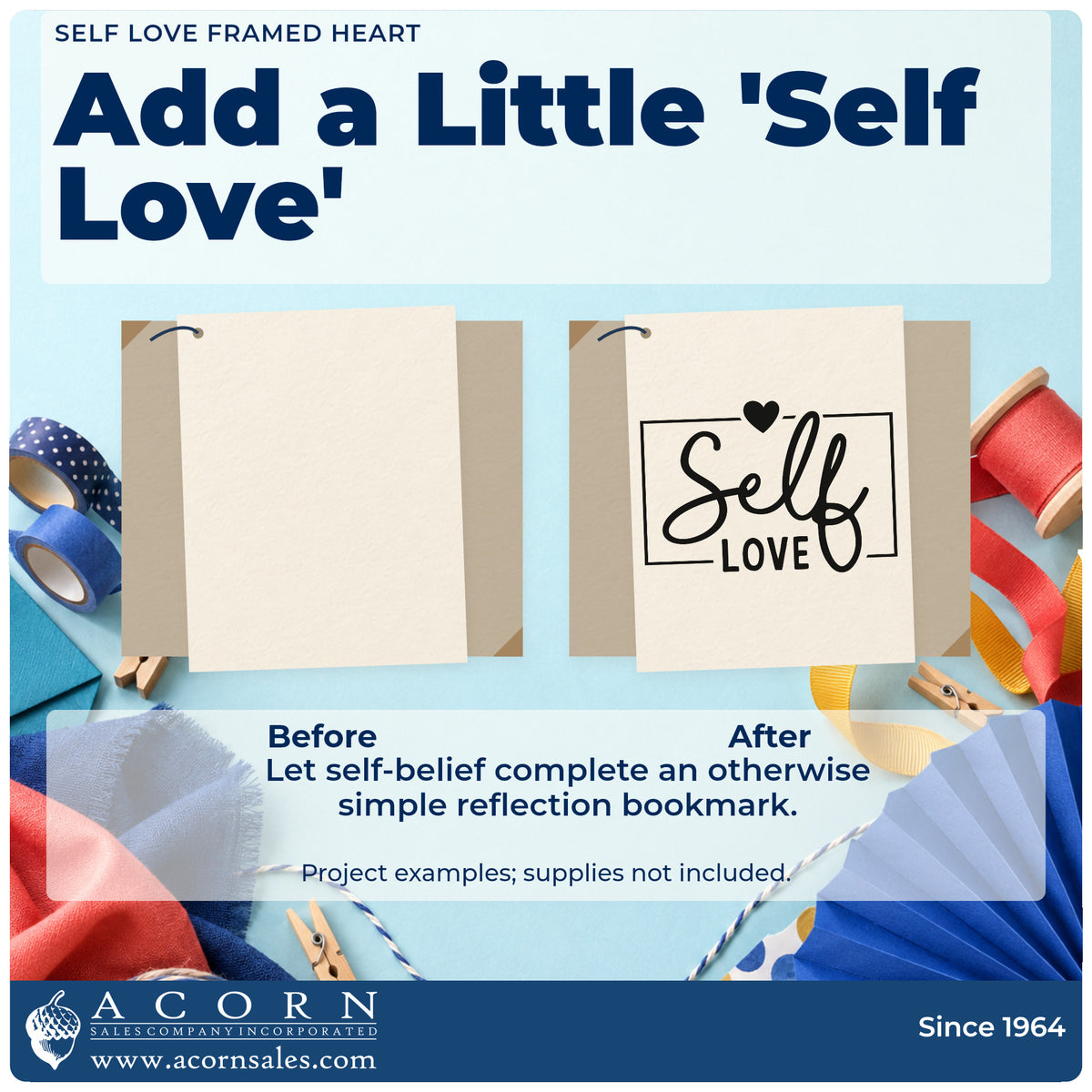 Before and after of a plain item finished with the Self Love Framed Heart Self-Inking Stamp, a quick upgrade for framed treatment room.