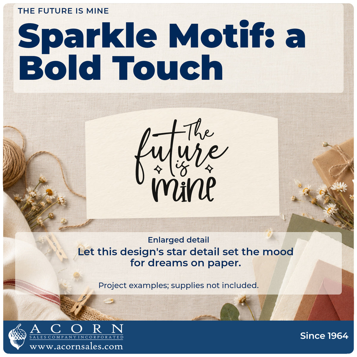 Enlarged detail of the The Future Is Mine Stamp – Duo Hand imprint. The phrase "The future is mine" appears in bold flowing script with two diamond sparkles.