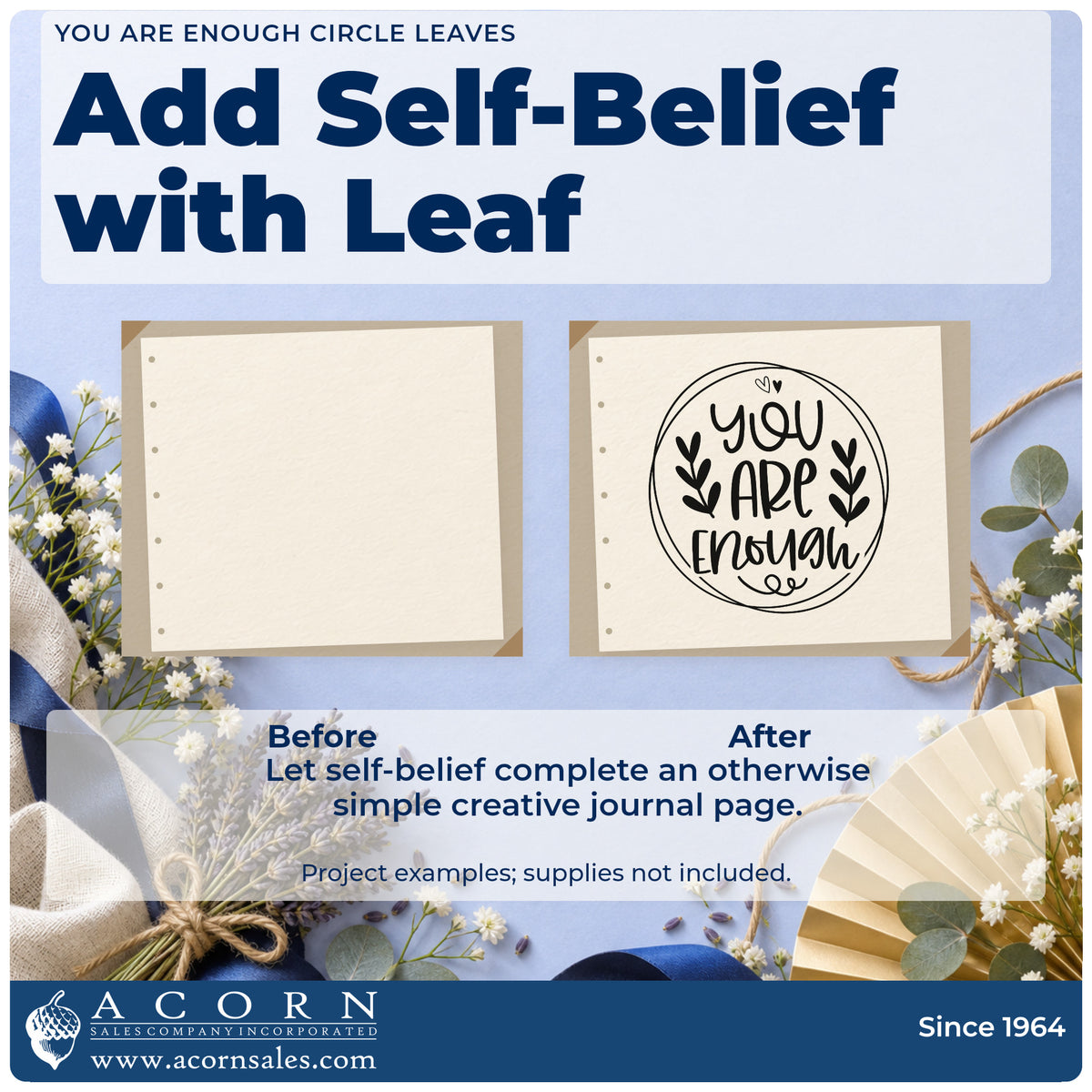 Before and after of a plain item finished with the You Are Enough Botanical Sprig Stamp – Self-Inking, a quick upgrade for framed dorm wall.