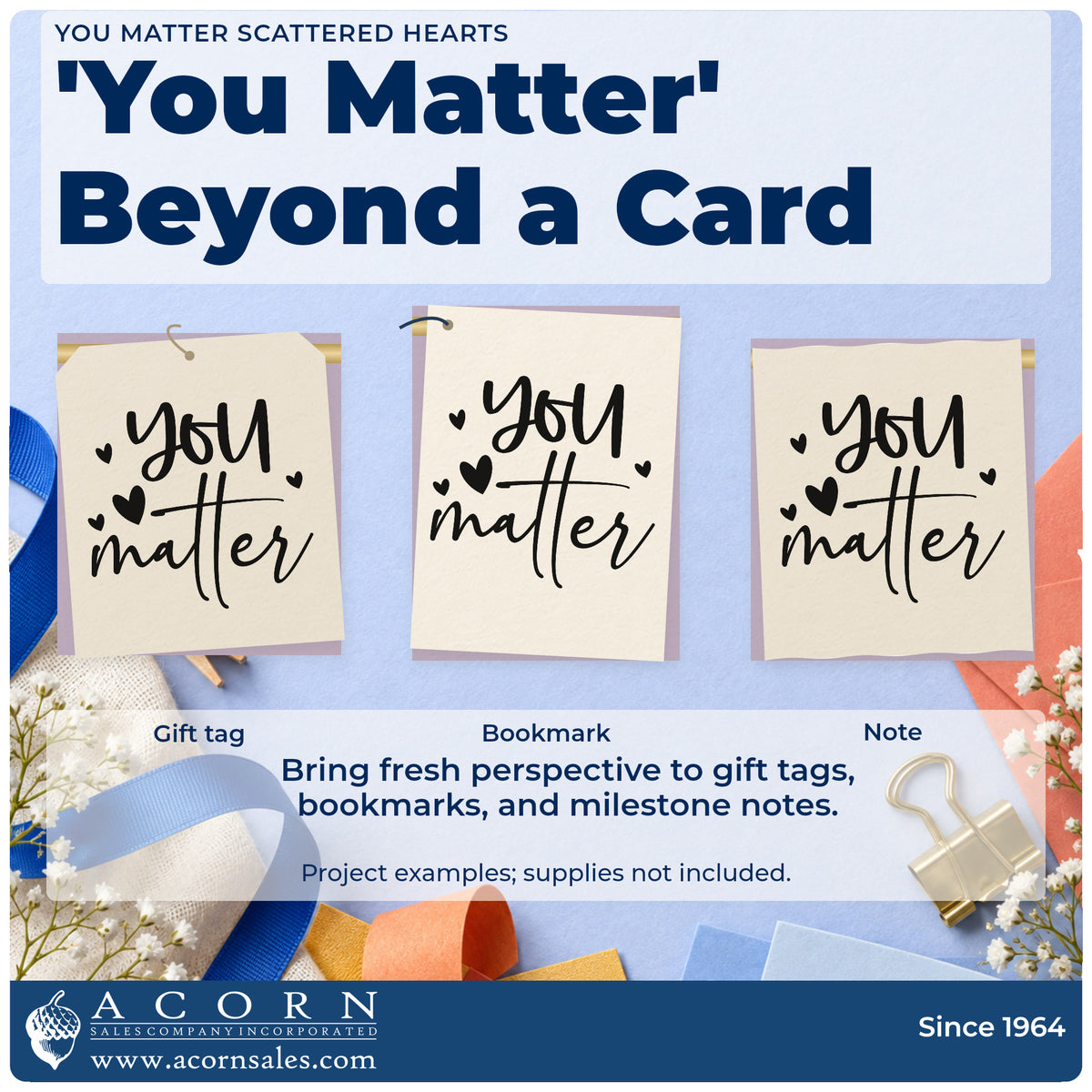 Three project examples made with the You Matter Scattered Hearts Slim Pre-Inked Stamp, including check in sheet.