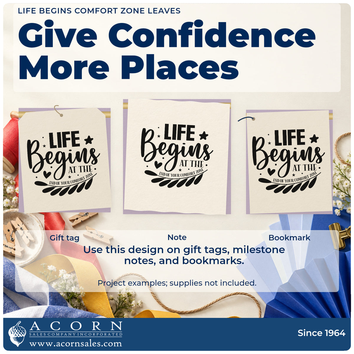 Three project examples made with the Life Begins Comfort Zone Leaves Rubber Stamp – Wood Handle, including set list sheet.