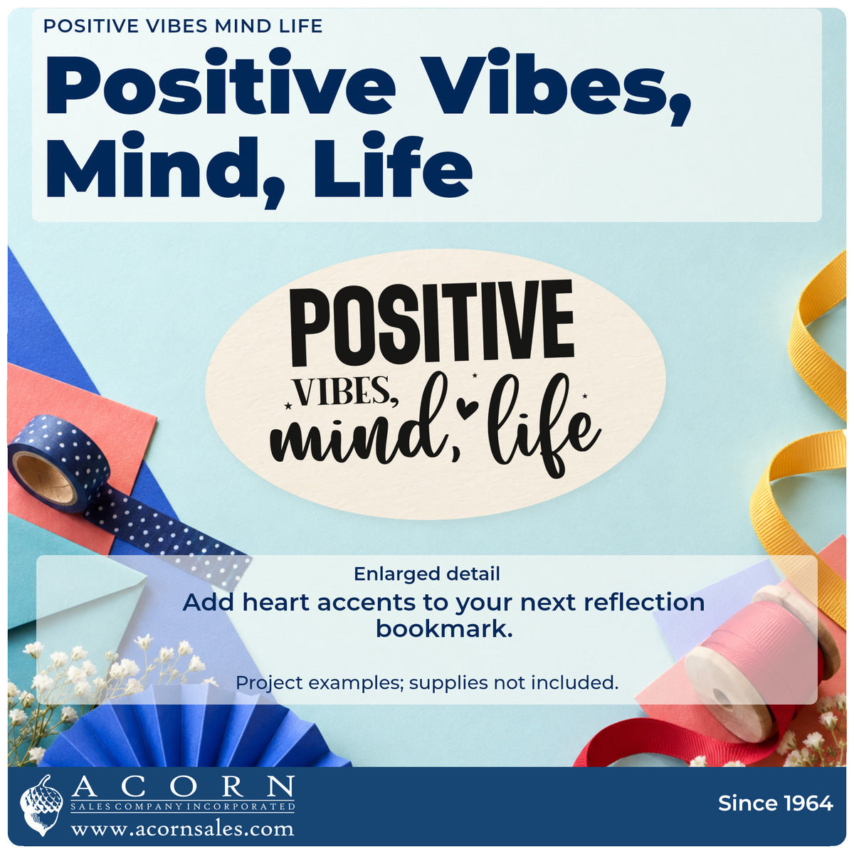 Enlarged detail of the Positive Vibes Mind Life Wood Handle Stamp imprint. The words "Positive vibes, mind, life" appear in bold capitals and script with a small heart.