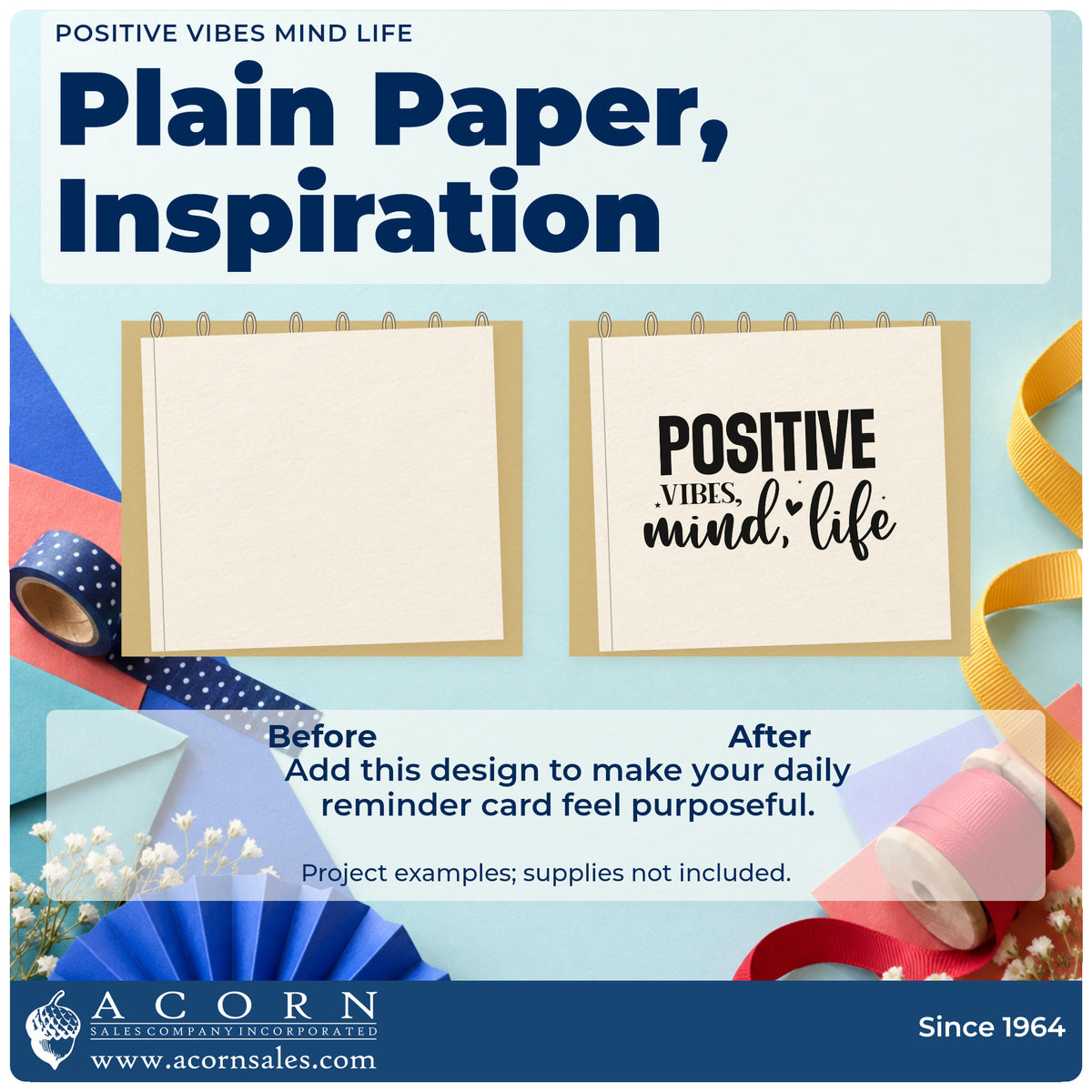 Before and after of a plain item finished with the Positive Vibes Mind Life Self-Inking Craft Stamp, a quick upgrade for framed order window.