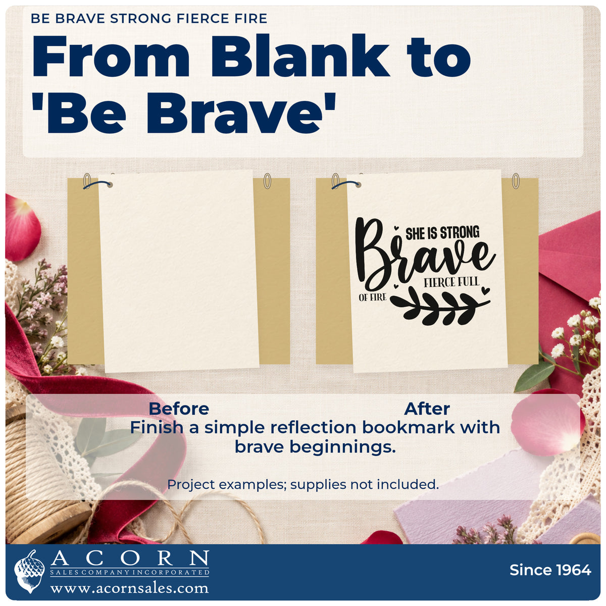 Before and after of a plain item finished with the Be Brave Strong Fierce Fire Leaf Accents Self-Inking Stamp, a quick upgrade for framed club shed.