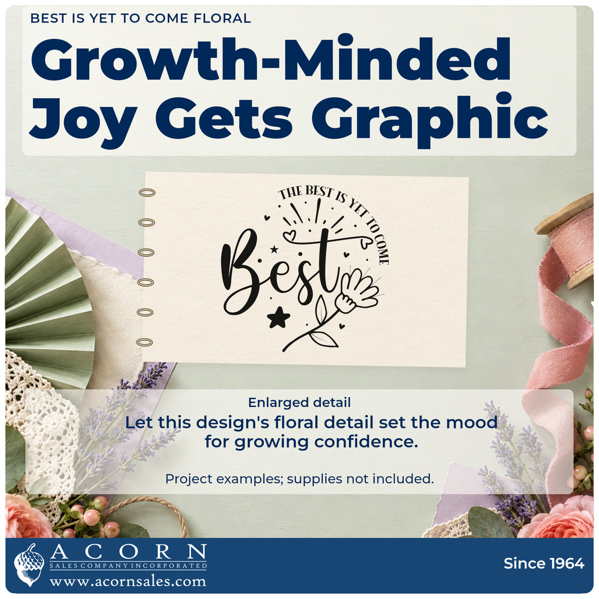 Enlarged detail of the Best Is Yet To Come Floral Pre-Inked Stamp – PSI imprint. The word "Best" appears with a flower, rays, stars, hearts, and curved text reading "The best is yet to come."