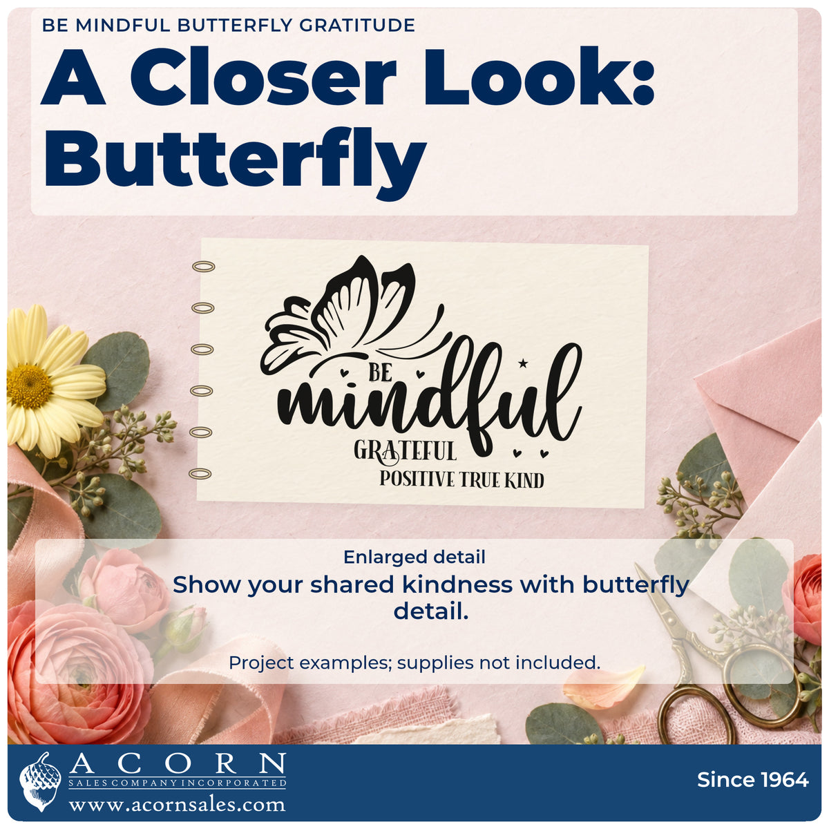 Enlarged detail of the Be Mindful Butterfly Gratitude With Hearts Hand Stamp – Duo imprint. A butterfly appears above "Be mindful" with the words "grateful positive true kind" and tiny hearts.