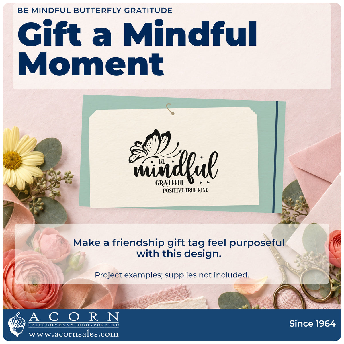 A finished handmade project stamped with the Be Mindful Butterfly Gratitude With Hearts Pre-Inked Stamp – Slim, ideal for calm corner album page.
