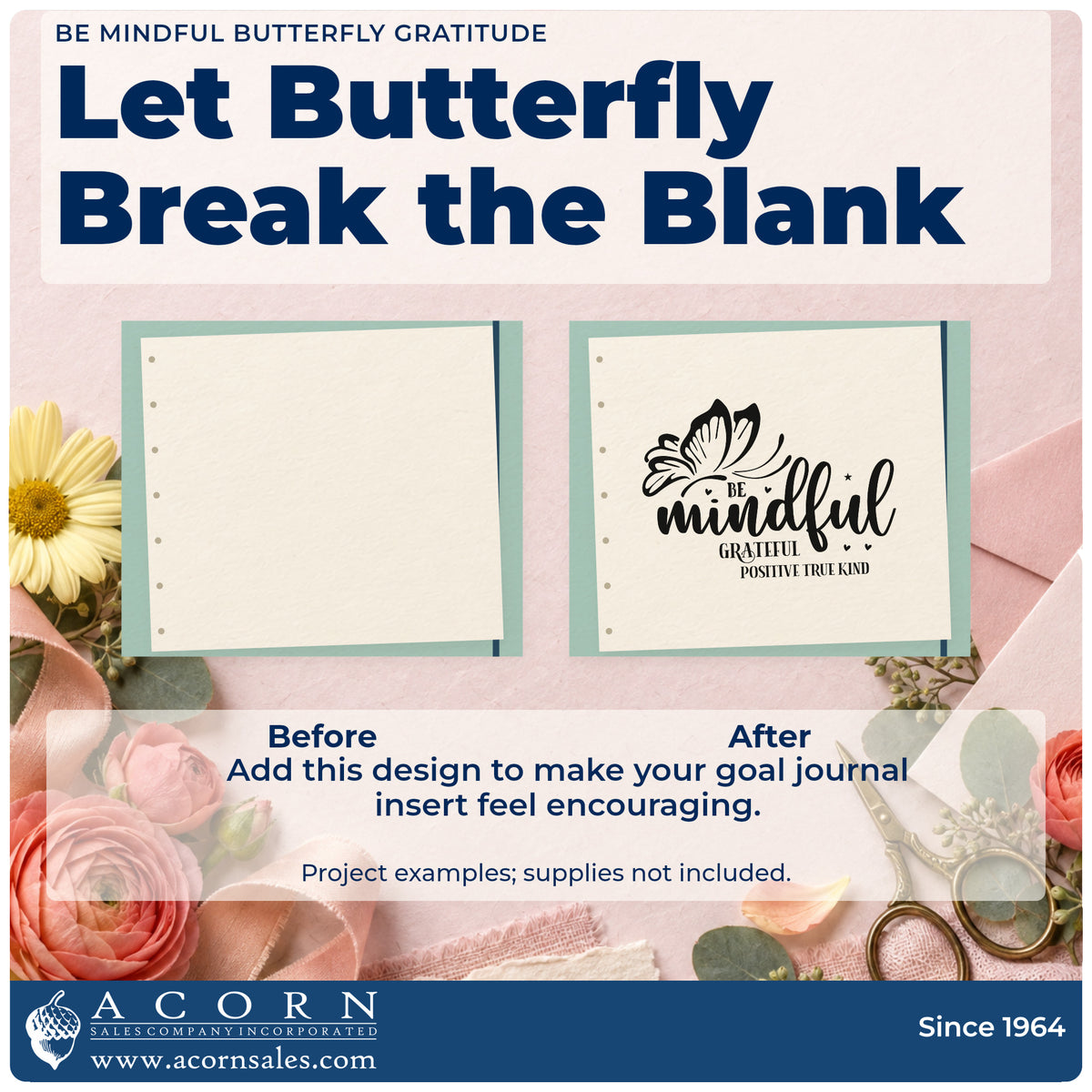 Before and after of a plain item finished with the Be Mindful Butterfly Gratitude With Hearts Hand Stamp – Duo, a quick upgrade for framed reading corner.
