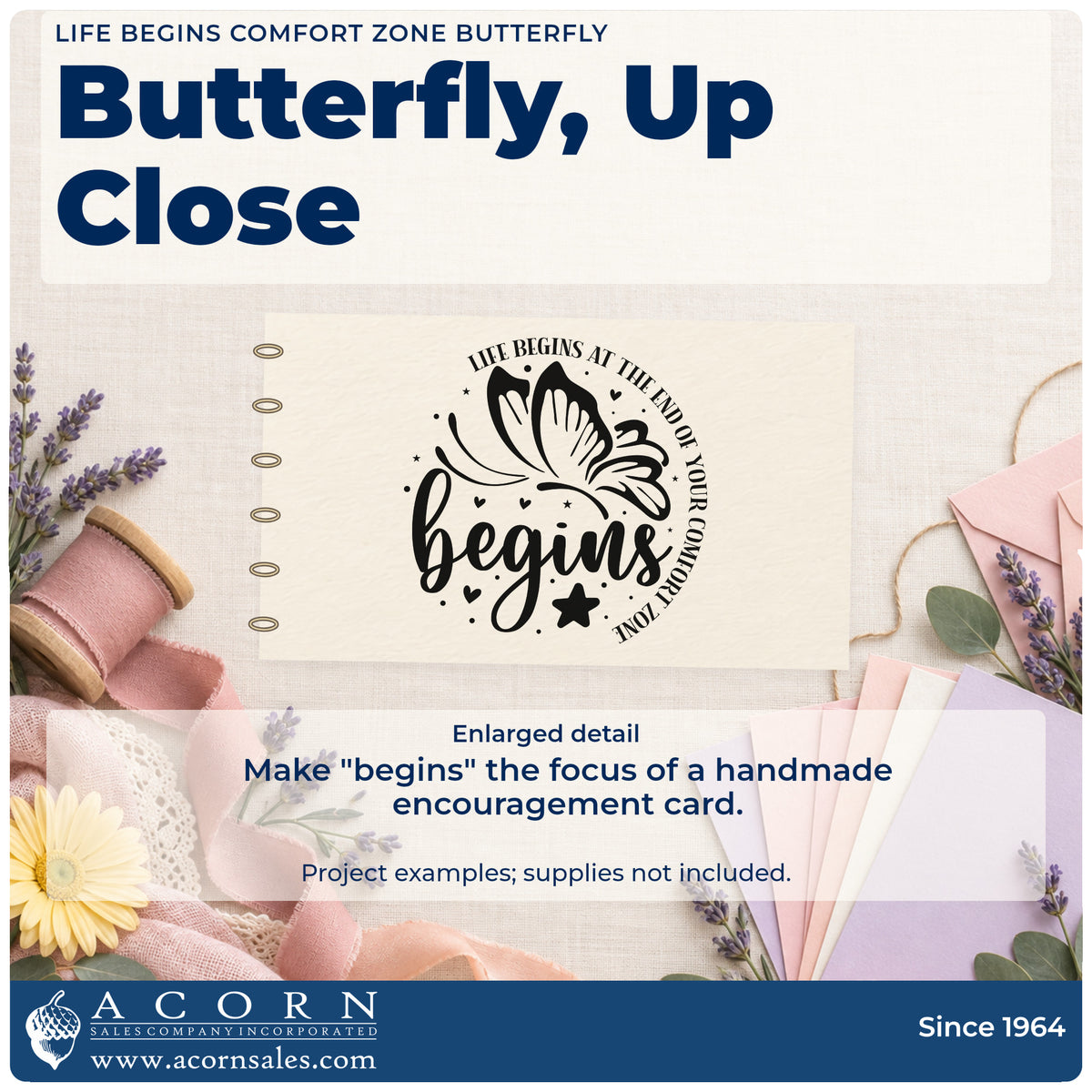 Enlarged detail of the Life Begins Comfort Zone Butterfly Rubber Stamp – Duo Hand imprint. A butterfly and the word "begins" appear with stars, hearts, and the curved phrase "Life begins at the end of your comfort zone."