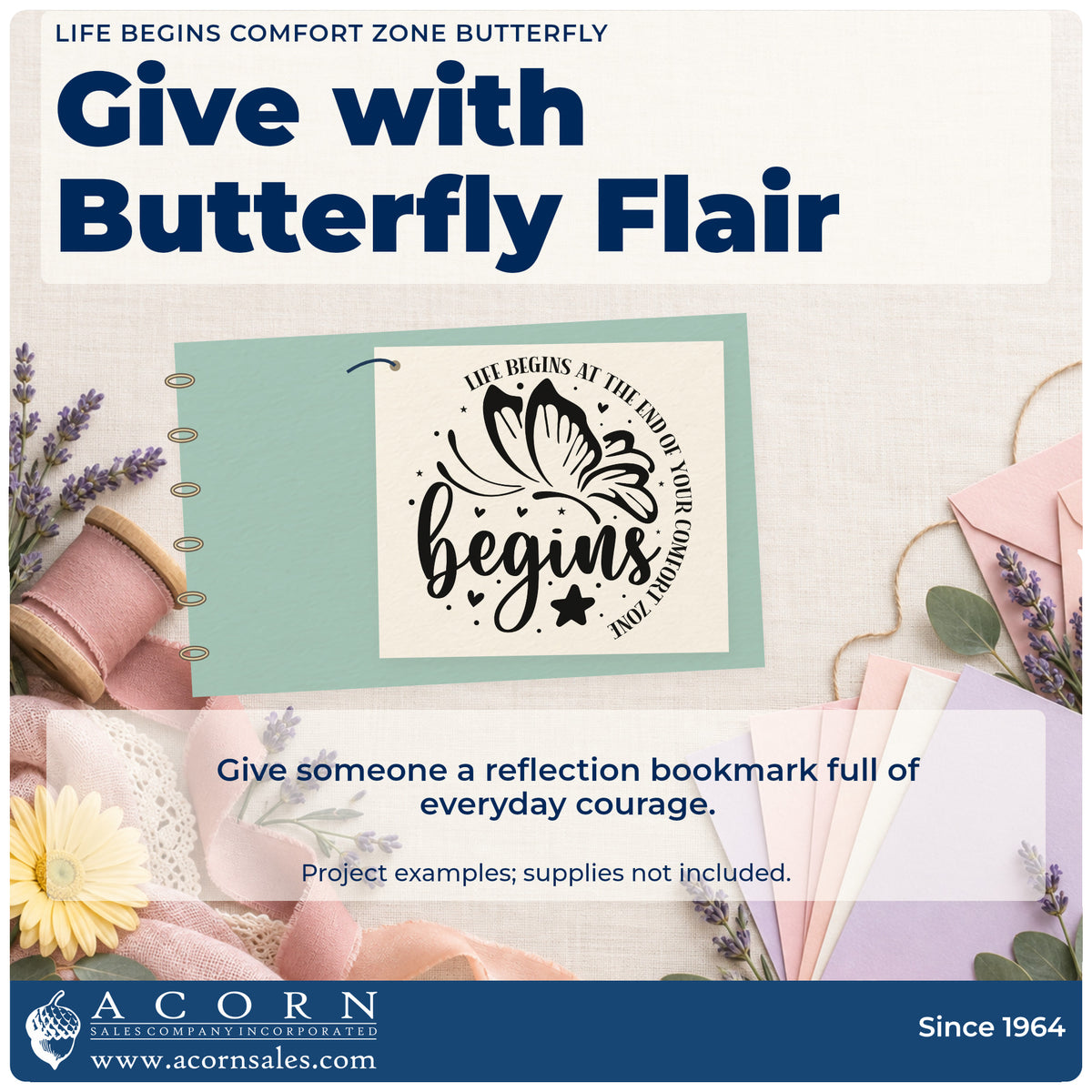 A finished handmade project stamped with the Life Begins Comfort Zone Butterfly PSI Pre-Inked Stamp, ideal for course album page.