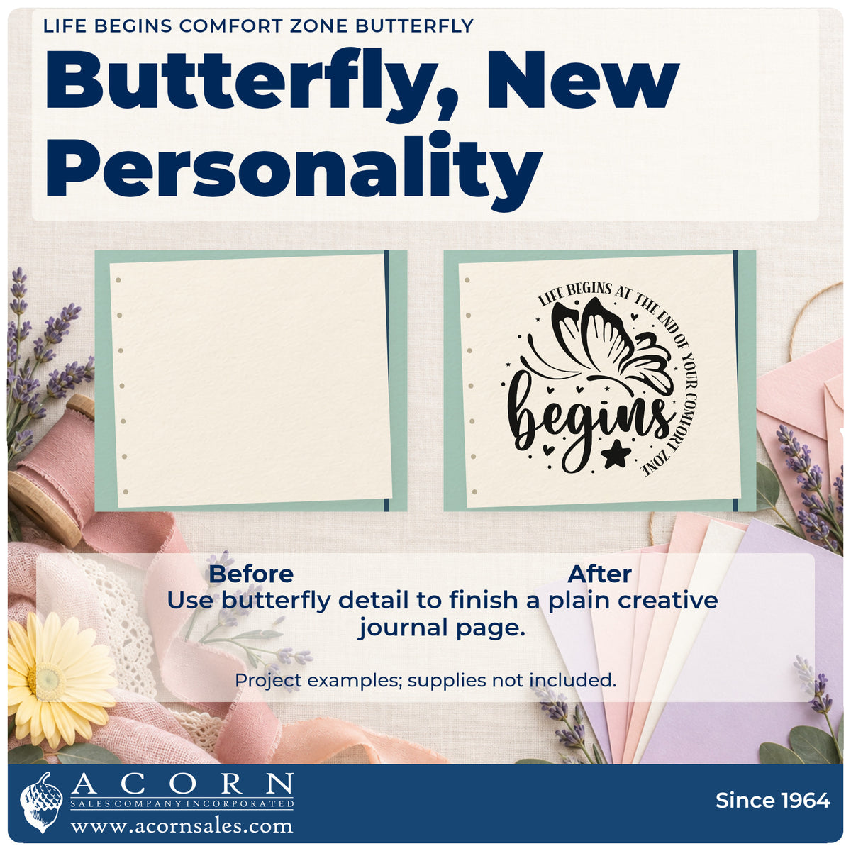 Before and after of a plain item finished with the Life Begins Comfort Zone Butterfly Compact Pre-Inked Stamp – Slim, a quick upgrade for framed garage bay.