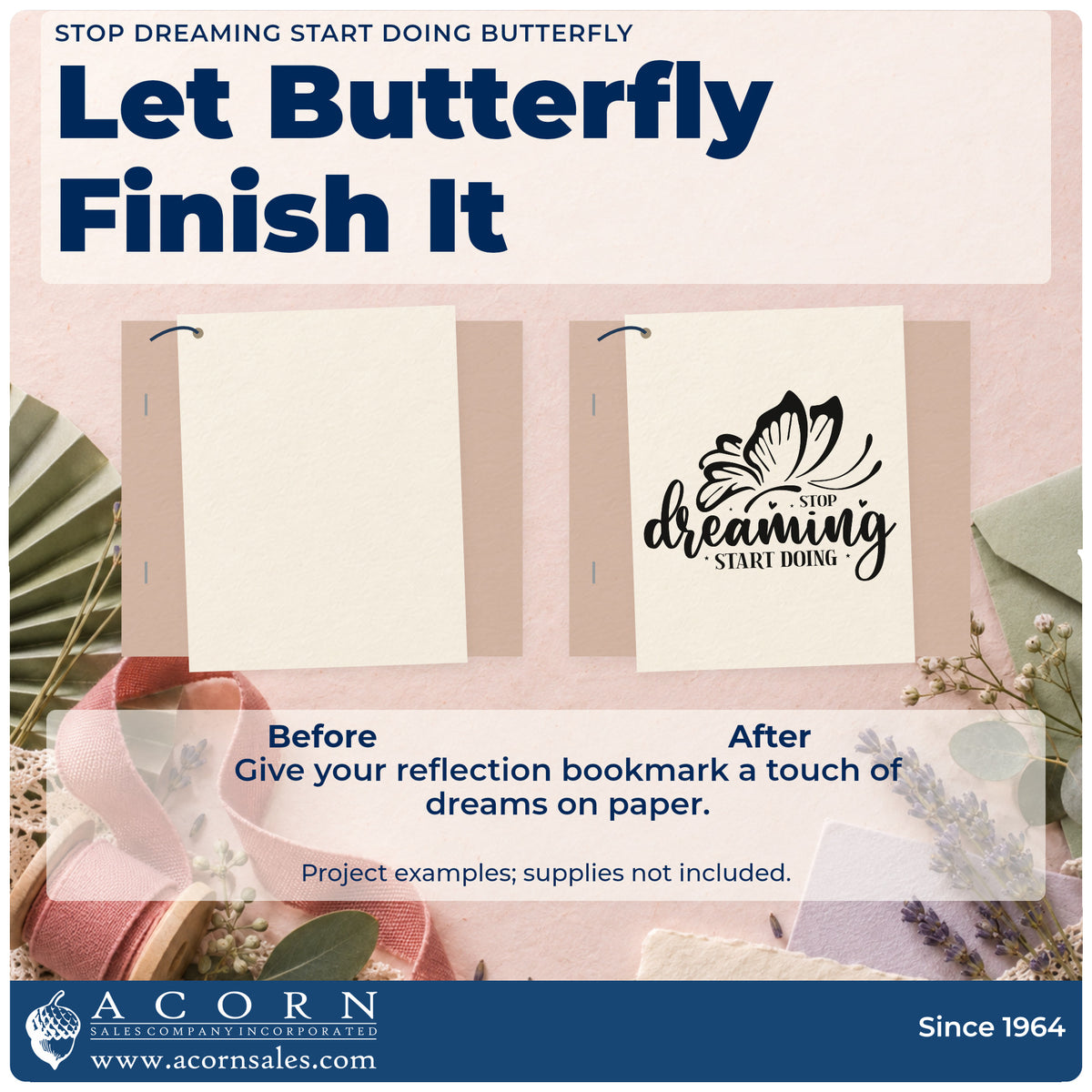Before and after of a plain item finished with the Stop Dreaming Start Doing Butterfly Pre-Inked Stamp – PSI, a quick upgrade for framed test kitchen.