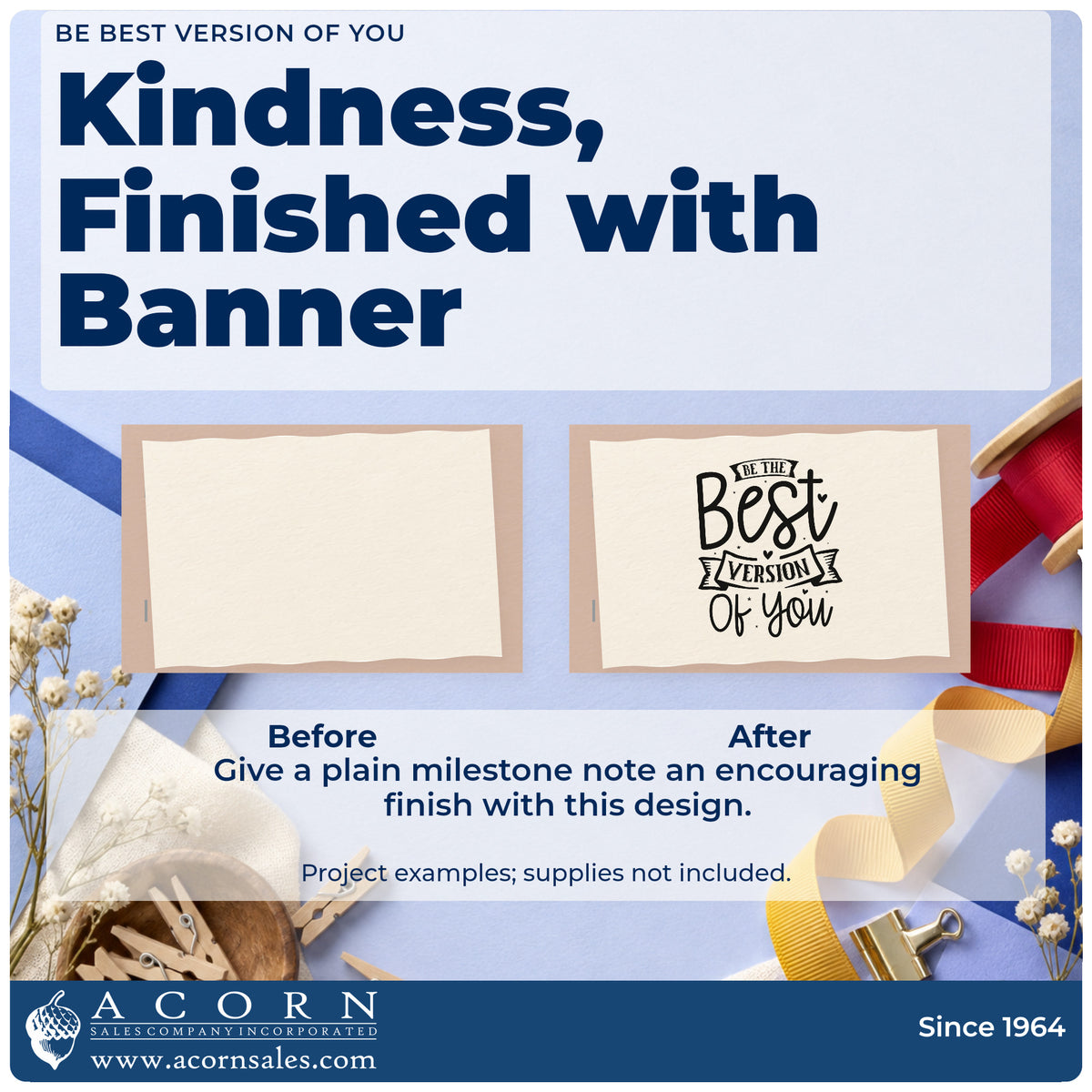 Before and after of a plain item finished with the Be Best Version Of You Slim Pre-Inked Stamp, a quick upgrade for framed back office.