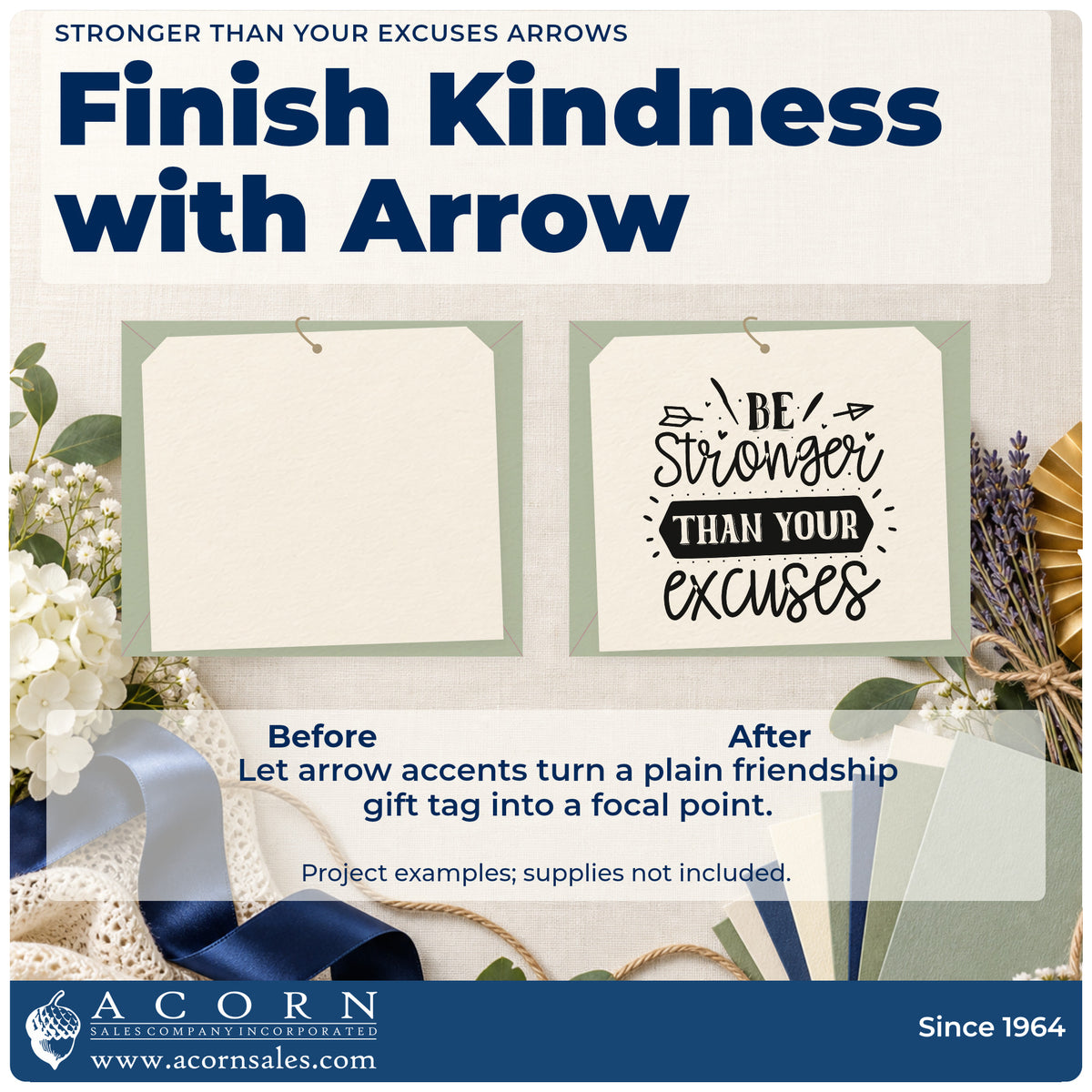 Before and after of a plain item finished with the Stronger Than Your Excuses Arrows Self-Inking Craft Stamp, a quick upgrade for framed boot room.