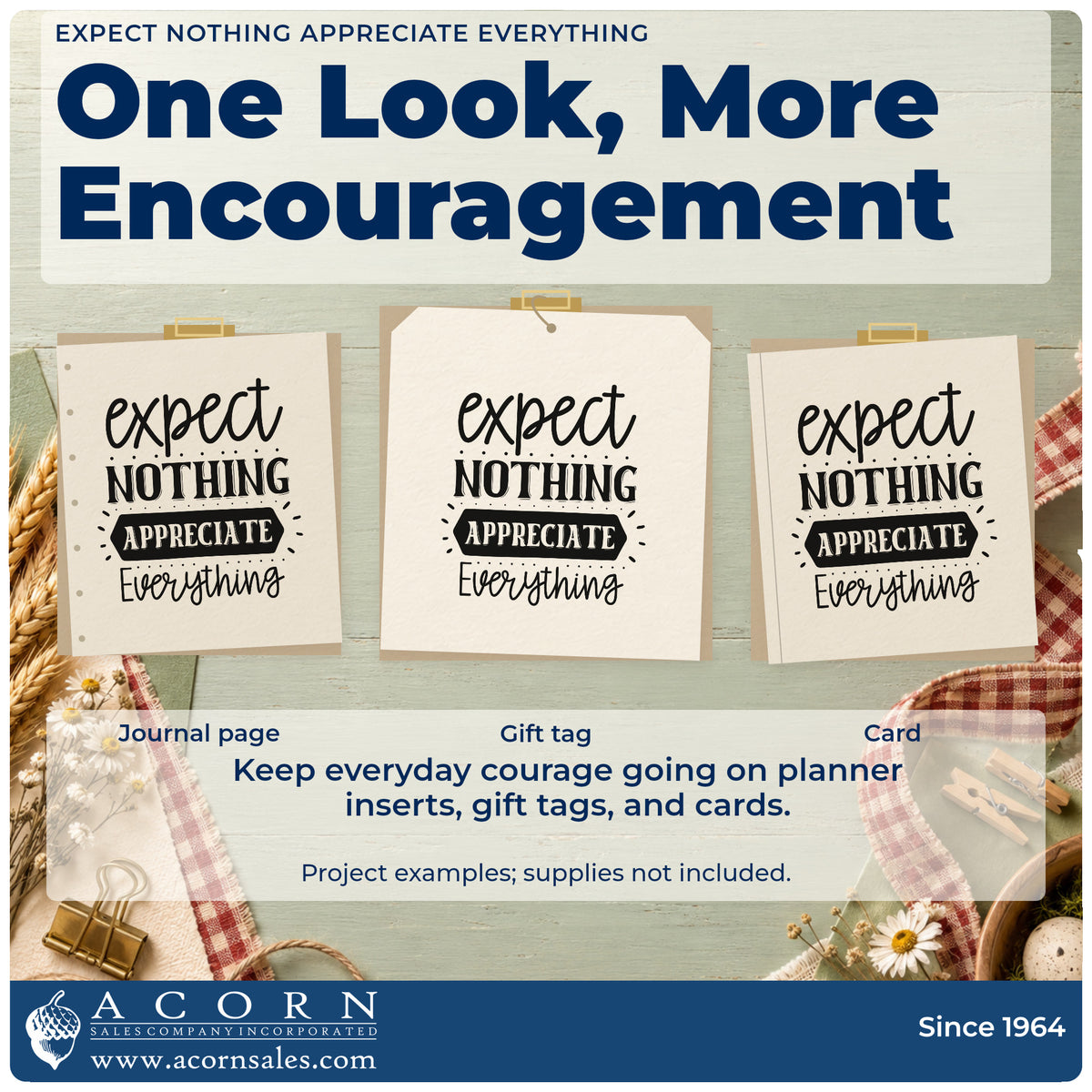 Three project examples made with the Expect Nothing Appreciate Everything Rubber Stamp – Duo Hand, including keep count sheet.