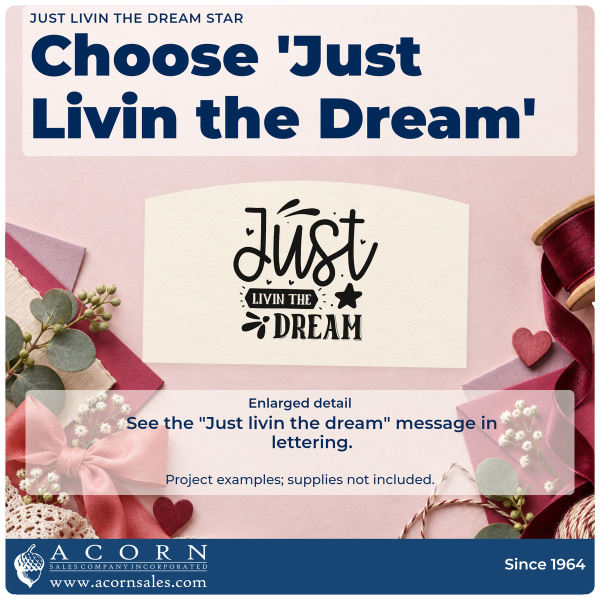 Enlarged detail of the Just Livin The Dream With Stars Hand Stamp – Duo imprint. The words "Just livin the dream" appear with a dark banner, solid star, hearts, and splash accents.