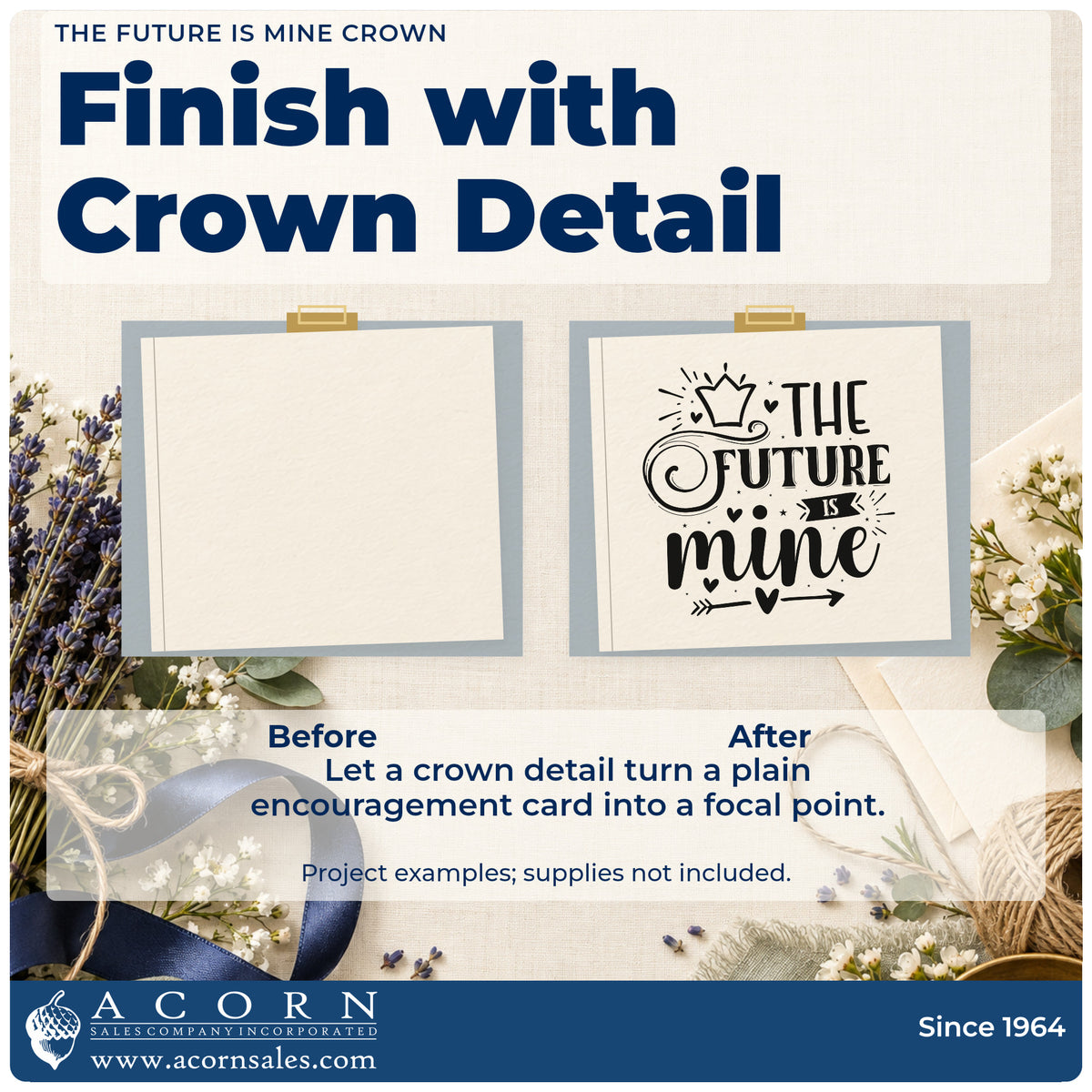 Before and after of a plain item finished with the The Future Is Mine Crown With Hearts Rubber Stamp – Wood Handle, a quick upgrade for framed hall board.