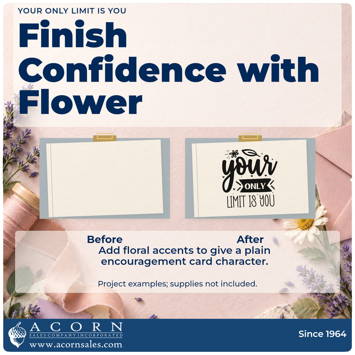 Before and after of a plain item finished with the Your Only Limit Is You Flower Motif Craft Stamp – Self-Inking, a quick upgrade for framed practice room.