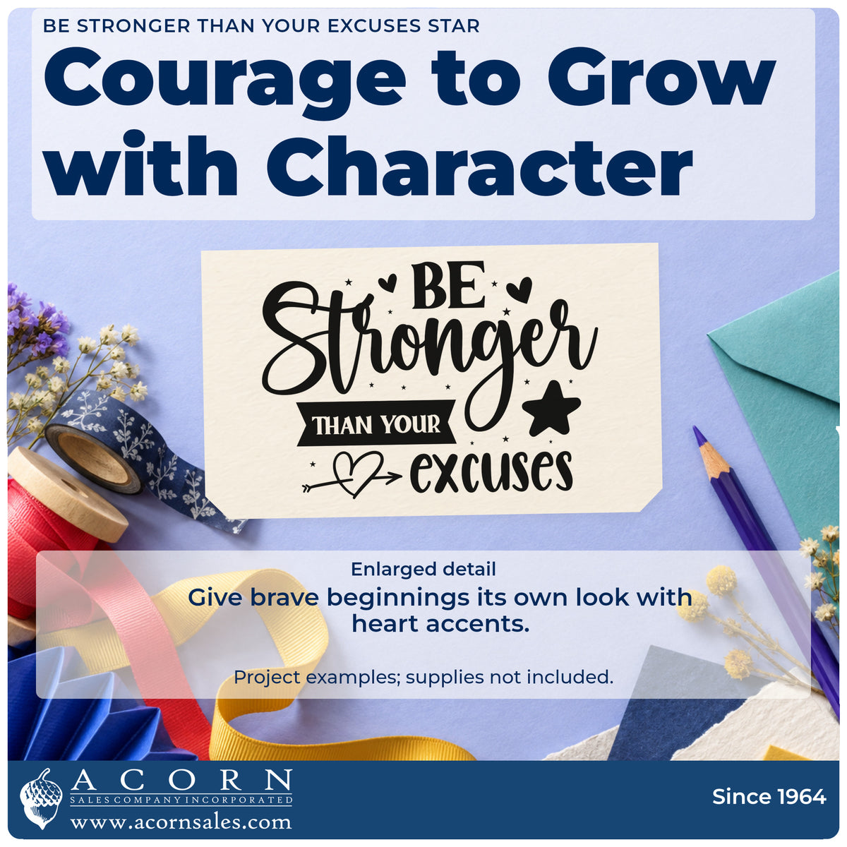 Enlarged detail of the Be Stronger Than Your Excuses With Stars Stamp – Self-Inking imprint. The words "Be stronger than your excuses" include a solid star, hearts, and a dark label.