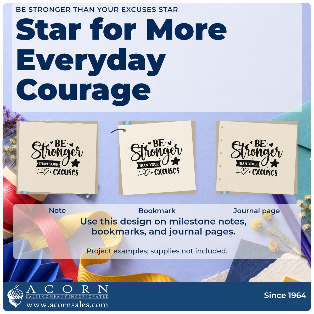 Three project examples made with the Be Stronger Than Your Excuses With Stars Rubber Stamp – Wood Handle, including ride streak sheet.
