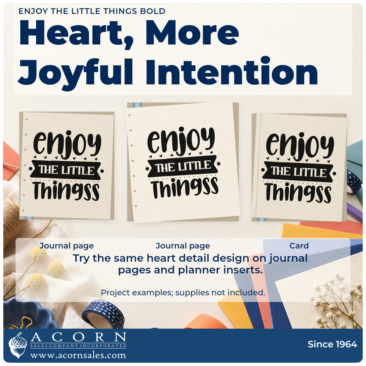 Three project examples made with the Enjoy The Little Things Bold Slim Pre-Inked Stamp, including want list sheet.