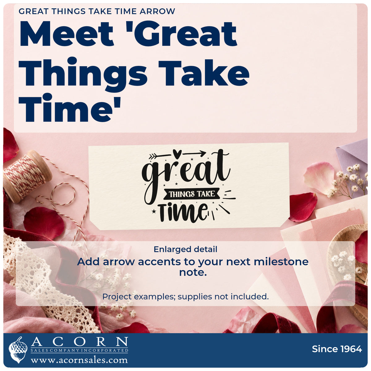 Enlarged detail of the Great Things Take Time Arrow With Stars Rubber Stamp – Duo Hand imprint. The words "great things take time" include a heart-centered arrow, dark label, stars, and rays.