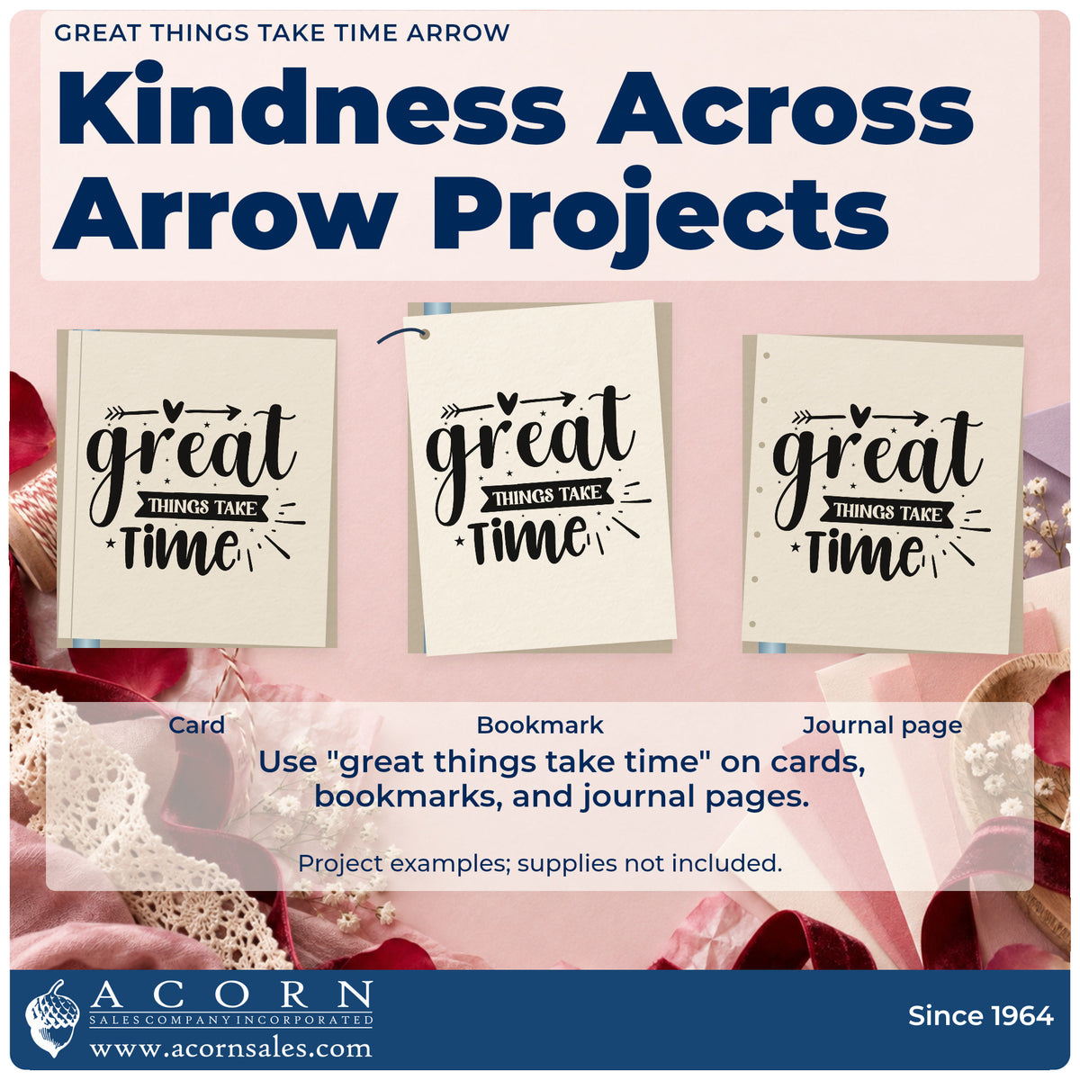 Three project examples made with the Great Things Take Time Arrow With Stars Stamp – Self-Inking, including build hour sheet.