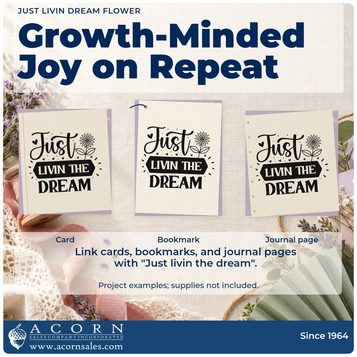 Three project examples made with the Just Livin Dream Flower Stamp – PSI Pre-Inked, including site book sheet.