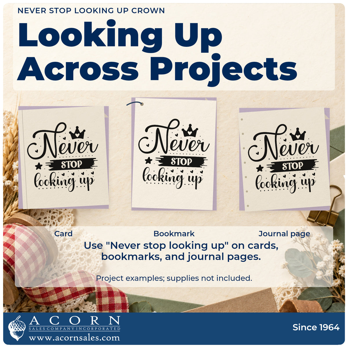 Three project examples made with the Never Stop Looking Up Crown With Stars Stamp – Self-Inking, including job queue sheet.