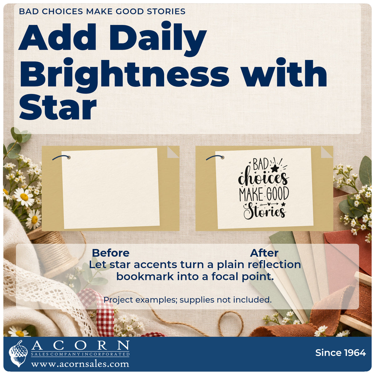 Before and after of a plain item finished with the Bad Choices Make Good Stories With Stars Premium Wooden Stamp – Vintage Pro, a quick upgrade for framed map corner.