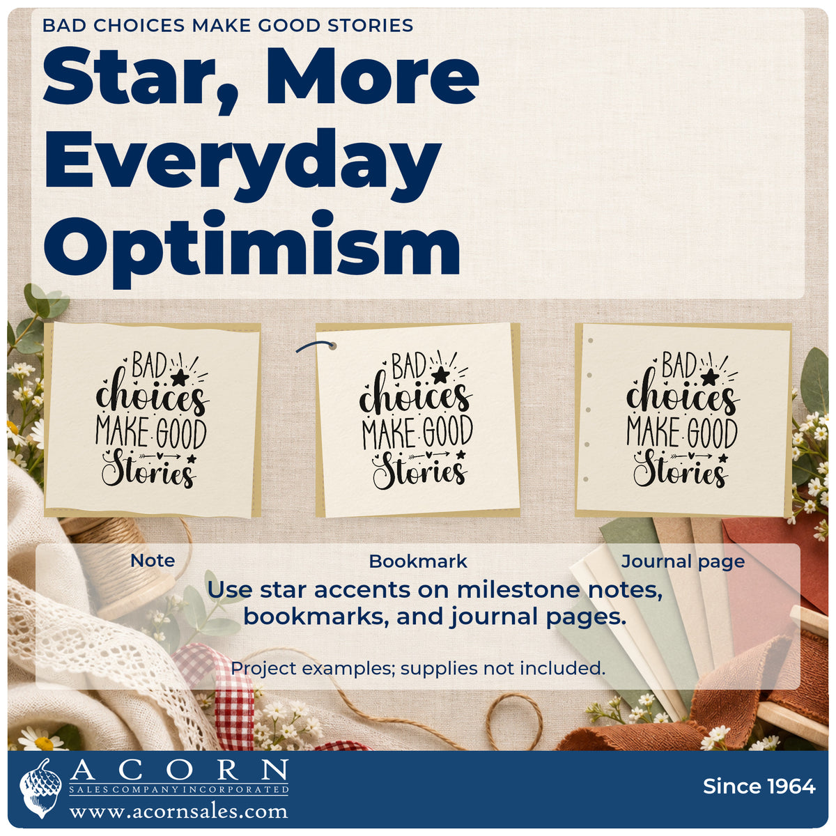 Three project examples made with the Bad Choices Make Good Stories With Stars PSI Pre-Inked Stamp, including route leg sheet.