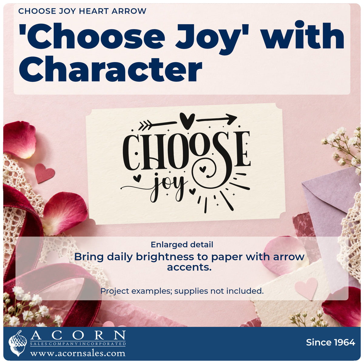 Enlarged detail of the Choose Joy Heart Arrow Slim Pre-Inked Stamp imprint. The words "Choose joy" appear beneath a heart-centered arrow with a heart inside the curled S and decorative rays.