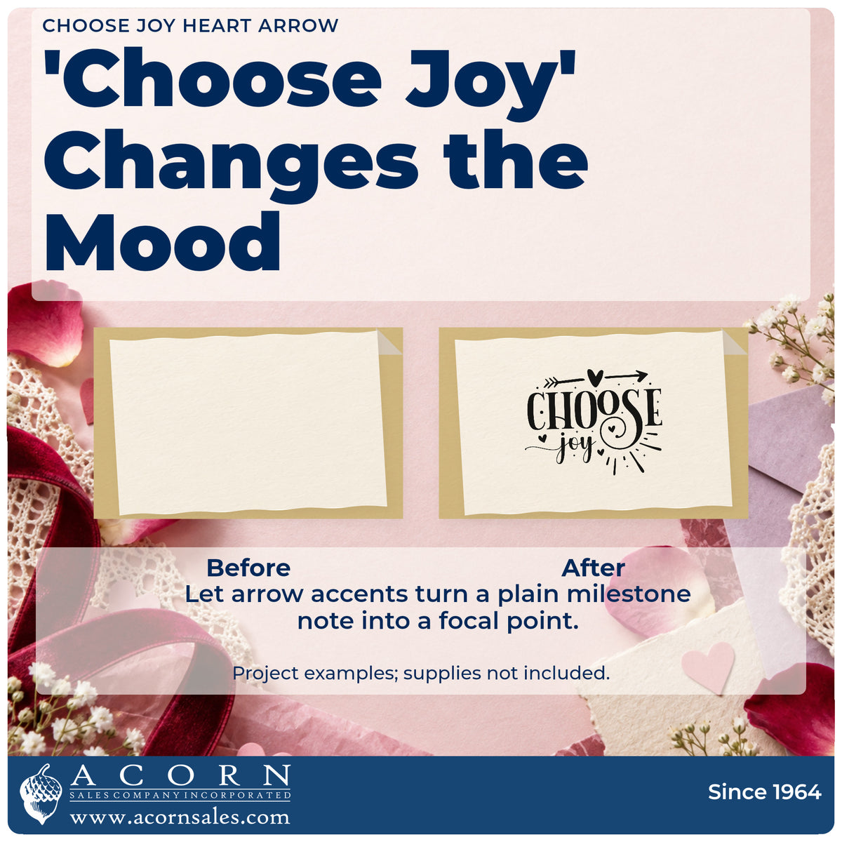 Before and after of a plain item finished with the Choose Joy Heart Arrow Stamp – Duo Hand, a quick upgrade for framed front window.