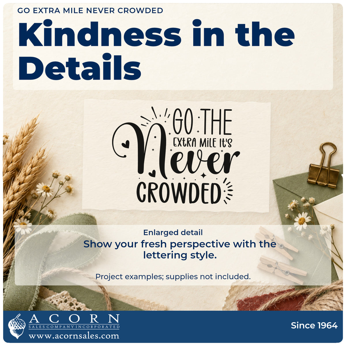 Enlarged detail of the Duo Hand Go The Extra Mile It's Never Crowded Rubber Stamp imprint. The phrase "Go the extra mile it's never crowded" appears in varied lettering with decorative rays.