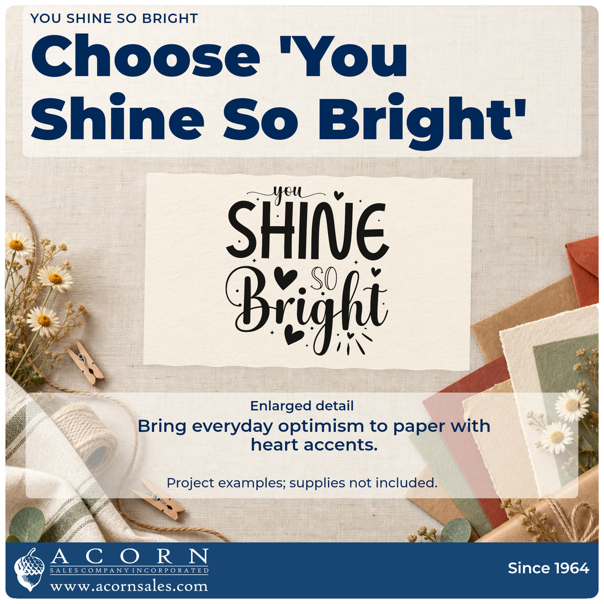 Enlarged detail of the You Shine So Bright Rubber Stamp – Duo Hand imprint. The words "you shine so bright" appear in large mixed lettering with solid hearts and rays.