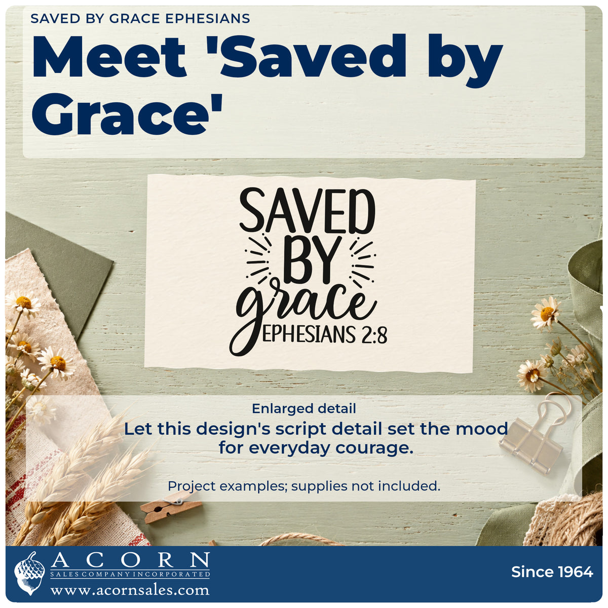 Enlarged detail of the Saved By Grace Ephesians Lettering Hand Stamp – Duo imprint. The words "Saved by grace" appear with radiating lines and the scripture reference "Ephesians 2:8."
