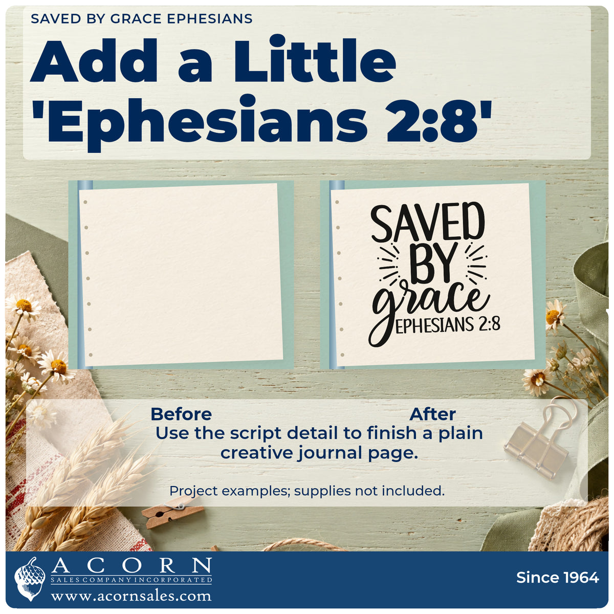 Before and after of a plain item finished with the Saved By Grace Ephesians Lettering Hand Stamp – Duo, a quick upgrade for framed foyer wall.