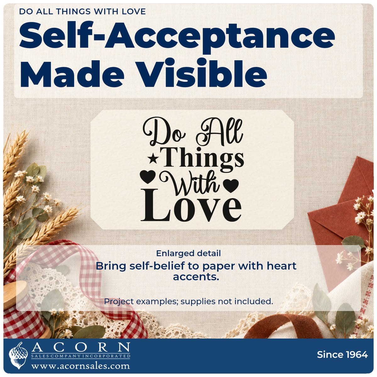 Enlarged detail of the Do All Things With Love Pre-Inked Stamp – PSI imprint. The words "Do all things with love" appear in mixed decorative lettering with a star and solid hearts.