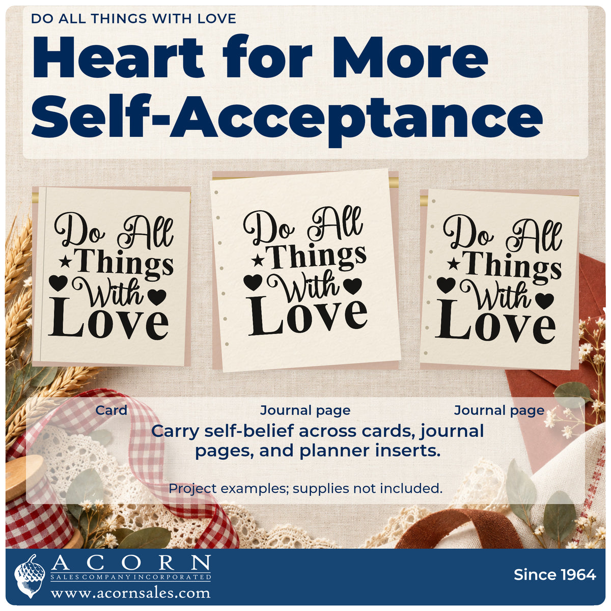 Three project examples made with the Do All Things With Love Premium Wooden Stamp – Vintage Pro, including order build sheet.
