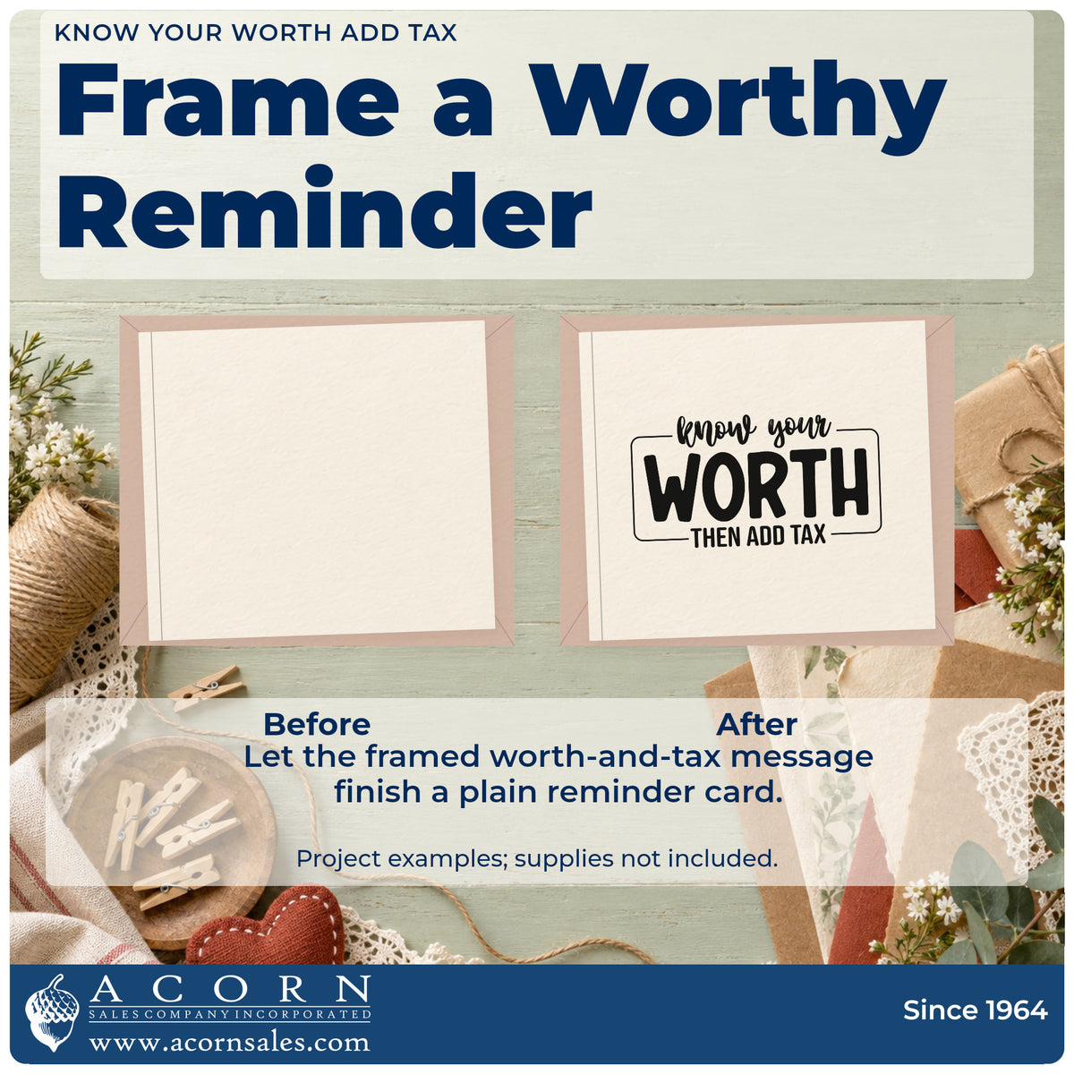 Before and after of a plain item finished with the Know Your Worth Add Tax Rubber Stamp – Wood Handle, a quick upgrade for framed studio vanity.