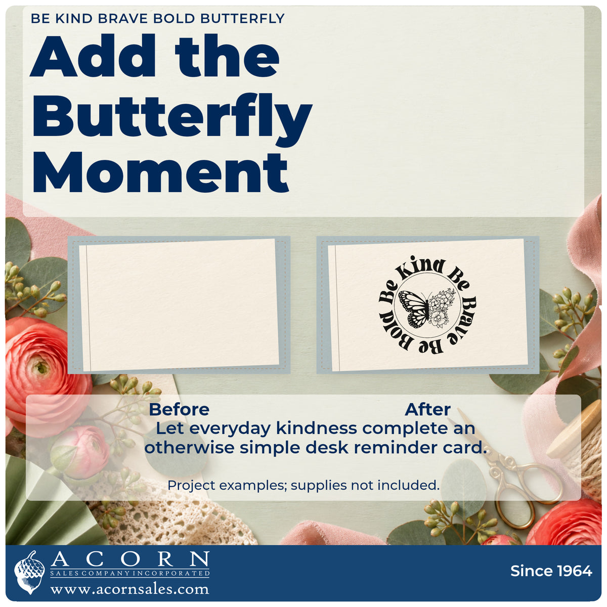 Before and after of a plain item finished with the Be Kind Brave Bold Butterfly Self-Inking Stamp, a quick upgrade for framed club lab.