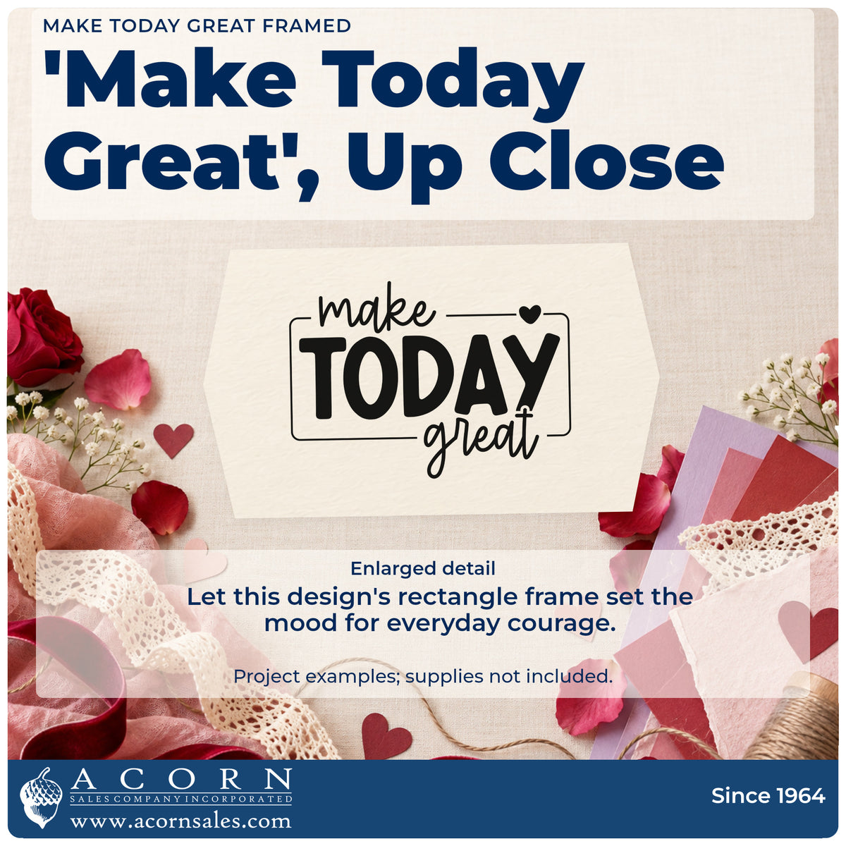 Enlarged detail of the Make Today Great Framed With Hearts Hand Stamp – Duo imprint. The words "make today great" appear within a thin open rectangular frame with a small heart.