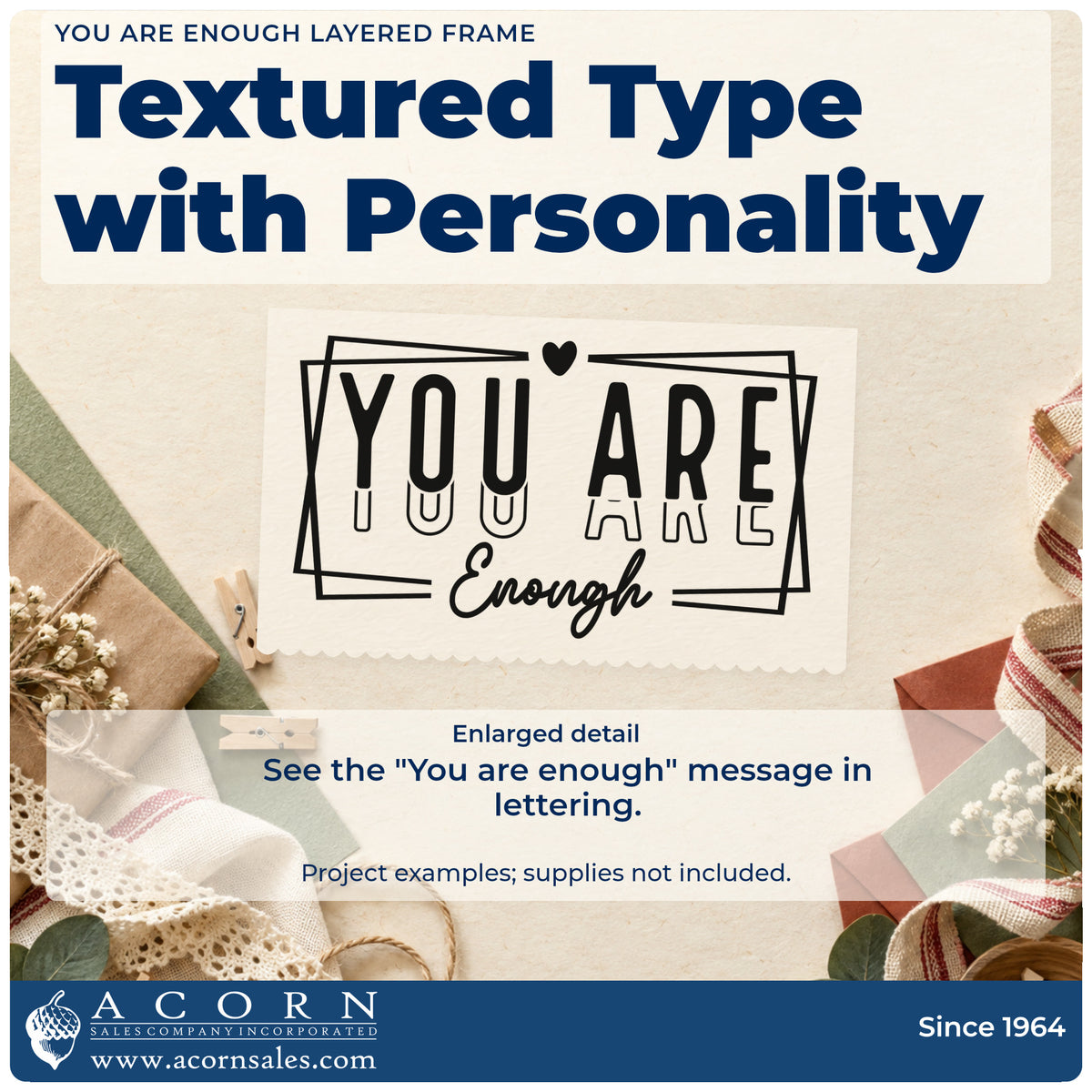 Enlarged detail of the You Are Enough Layered Framed Lettering Stamp – Self-Inking imprint. The phrase "You are enough" appears inside overlapping rough rectangles with repeated outlined lettering and a heart.